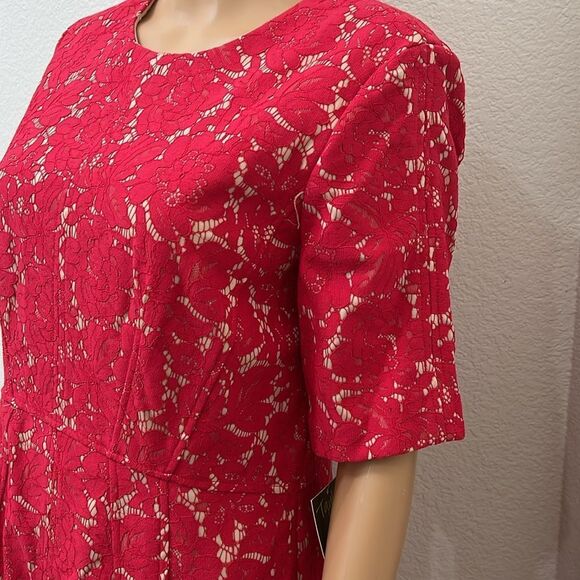 Taylor Elegant Red Floral Lace Dress Scoop Neck Short Sleeve Midi Size 14 New - Picture 4 of 14